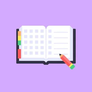 Open Diary Planner with Pencil Flat Vector Stock Illustration