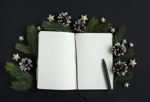 Open diary for plans for the new year with pen decorated with spruce branches Stock Photos