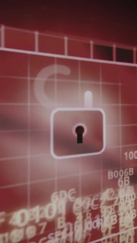 Open digital padlock icon on a red background with binary code, cybersecurity Stock Footage 333832178