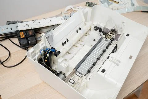 Open Disassembled Printer Interior Showing Ink Cartridges, Gears and Paper .. Stock Photos