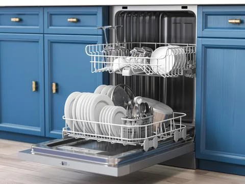 Open  dishwasher  with clean dishes inside in kitchen. Stock Illustration