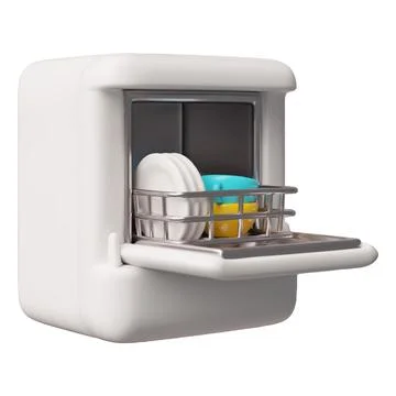 Open dishwasher with clean kitchenware 3D cartoon vector icon, kitchen household Stock Illustration