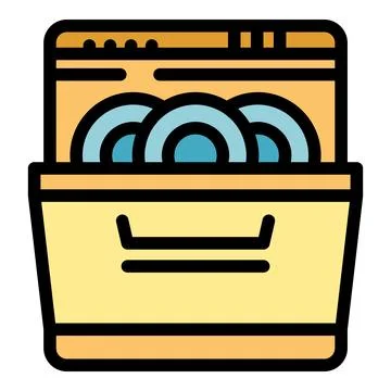 Open dishwasher containing clean plates after washing cycle Stock Illustration