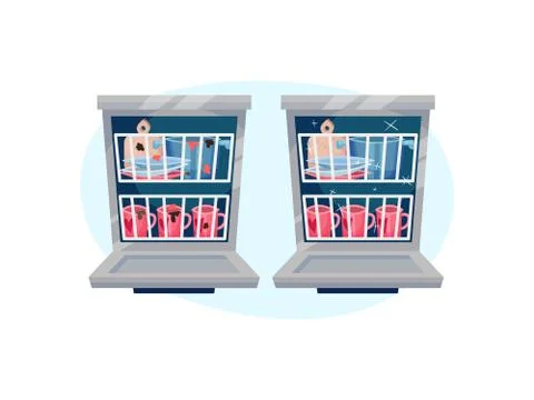 Open dishwasher with dishes inside. Vector illustration on blue oval shape Stock Illustration