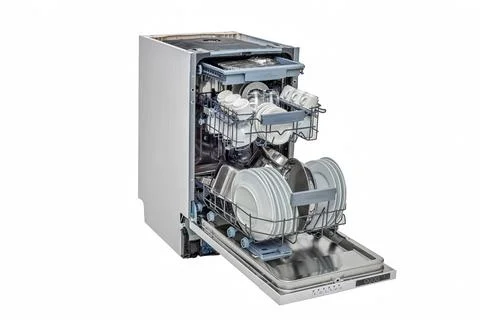 Open Dishwasher With Dishes Isolated Stock Photos