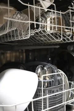 Open Dishwasher Full Of Clean Kitchenware Stock Photos