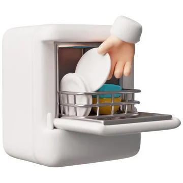 Open dishwasher with hand loads kitchenware 3D cartoon vector, kitchen household Stock Illustration