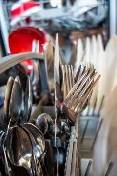 Open dishwasher in a kitchen Stock Photos