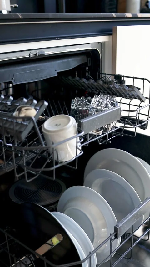 Open dishwasher machine loaded with clean dishes in kitchen Stock Footage 341951102