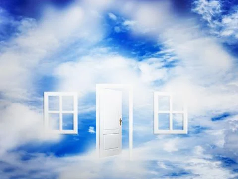 Open door and windows on fluffy clouds, blue sky. concepts like new home, dre イラスト素材