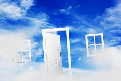 Open door and windows on fluffy clouds, blue sky. concepts like new home, dre Stock Illustration