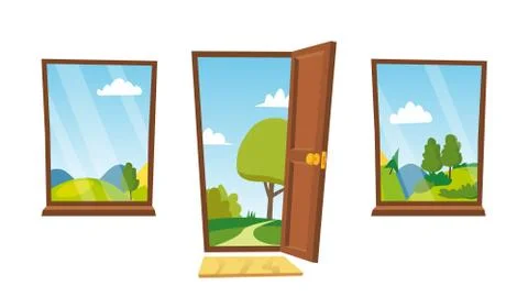 Open Door And Windows Vector. Cartoon Landscape. Front View. Home Interior. Flat Stock Illustration