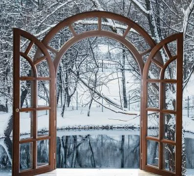 Open door and a winter forest Stock Photos