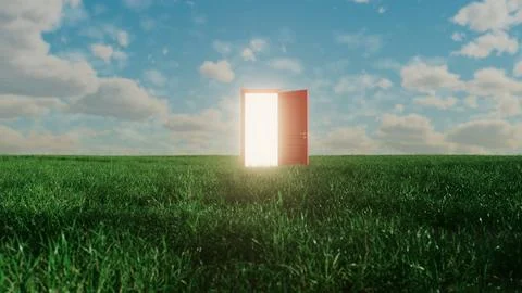 Open door to another dimension illuminating green meadow under cloudy sky イラスト素材