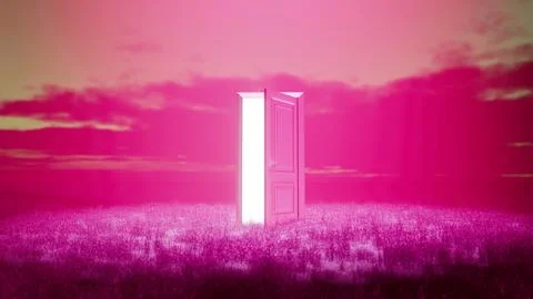 Open door to another dimension with pink surreal sky Stock Illustration
