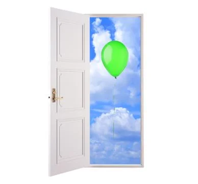Open door in blue sky and green hot air balloon Stock Illustration