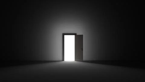 An open door with bright light streaming into a very dark room. 3D rendering 스톡 일러스트