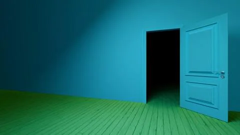 Open door to darkness in empty room with green floor and blue wall Ilustración de archivo