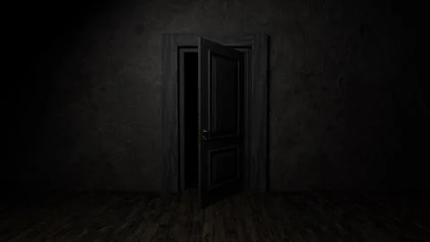 Open door to darkness in empty room with wooden floor Ilustración de archivo