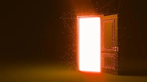 Open door emitting light in dark room with network mesh effect Stock Illustration