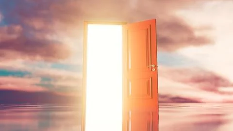 Open door floating on water with bright light and cloudy sky background イラスト素材