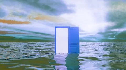 Open door floating on water with dramatic sky, surreal concept Stock Illustration