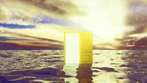 Open door floating on water with sunset cloudscape, new opportunities Stock Illustration