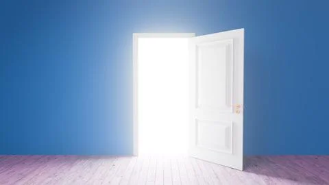 Open door illuminating empty room with blue wall and wooden floor Ilustração Stock