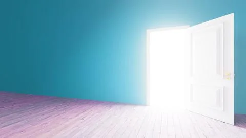 Open door illuminating empty room with wooden floor and turquoise wall Stock Illustration