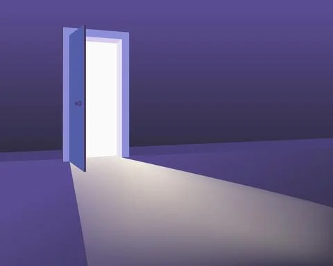 Open door in interior, discovery, ventures, oportunitites concept. Symbol new Stock Illustration
