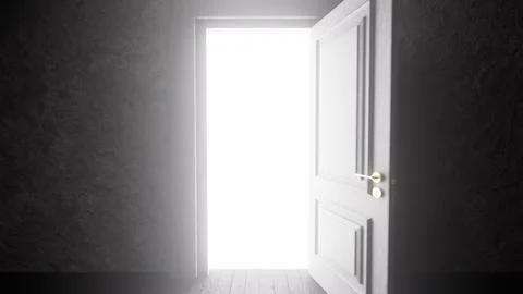 Open door letting bright light into dark room symbolizing hope and new Ilustração Stock