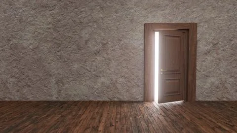 Open door letting light into dark room with wooden floor Stock Illustration