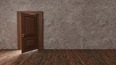 Open door letting light into dark room with wooden floor Ilustración de archivo