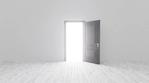 Open door letting light into empty room with wooden floor Ilustración de archivo