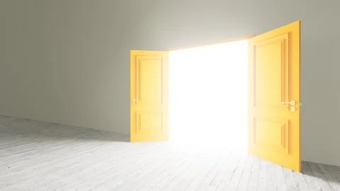 Open door letting light into empty room with wooden floor Ilustración de archivo