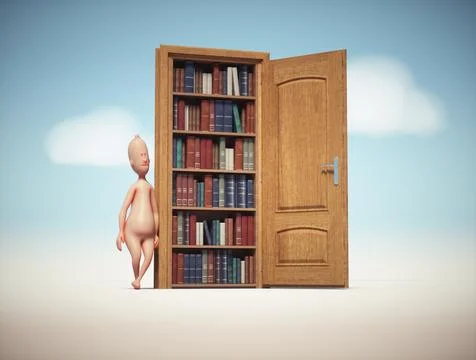 The open door of a library with old books and a 3d human character. Illustrazione stock