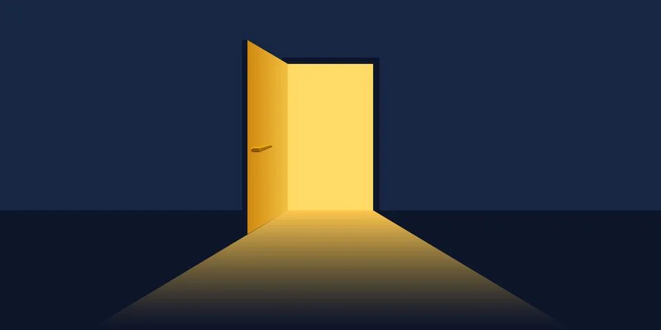 Open door with light icon in flat style. Dark room vector illustration on i.. Stock Illustration