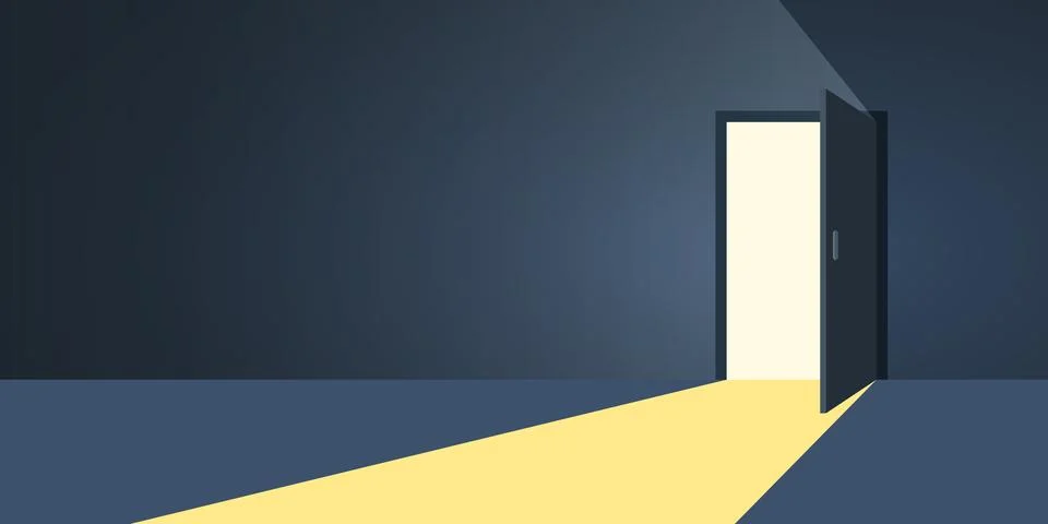 Open door with light icon in flat style. Dark room vector illustration on i.. Stock Illustration