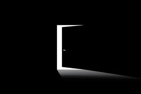 Open the door with light shadow on black wall background. Stock Illustration
