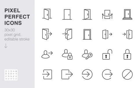 Open door line icon set. Login, logout, register, password, vip entrance, key Stock Illustration
