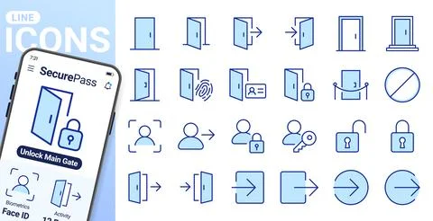 Open door line icon set. Login, logout, register, password, face recognition Stock Illustration