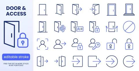 Open door line icon set. Login, logout, register, password, face recognition Stock Illustration