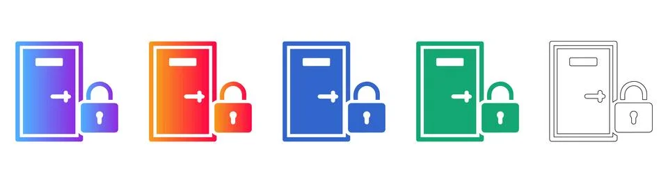 Open Door with Lock Icons in Gradient and Outline Styles Illustrazione stock