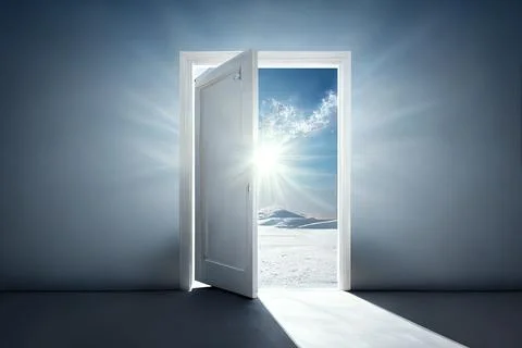 Open door with mountains and sun Ilustración de archivo