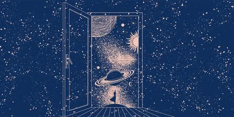 An open door to outer space with a girl standing with her back and flying Stock Illustration