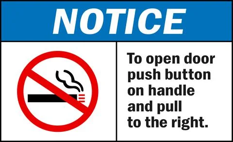 To open door push button and pull right notice sign. Stock Illustration