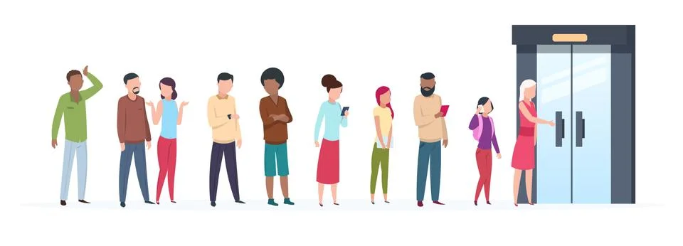 Open door queue. Trending people characters standing outside young adult Stock Illustration