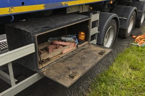 Open Door on Rectangular Tool Box on Lorry Truck Trailer with Ratchet Strap Stock Photos