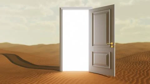 Open door revealing bright light in a desert landscape with tire tracks Stock Illustration