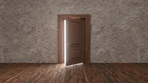 Open door showing light in empty room with wooden floor Ilustración de archivo